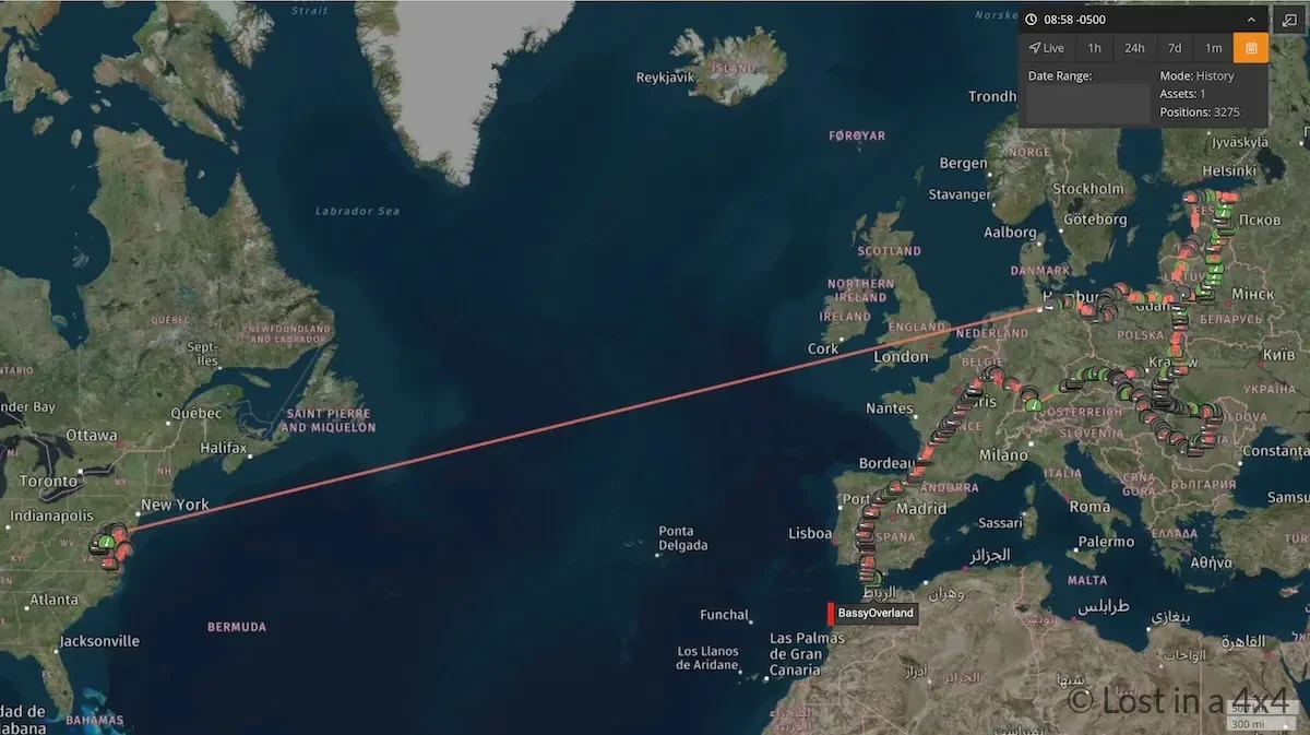 SPOT Trace GPS tracking map showing our Jeep Wrangler Rubicon overland journey across Europe from Eastern Europe to Spain.