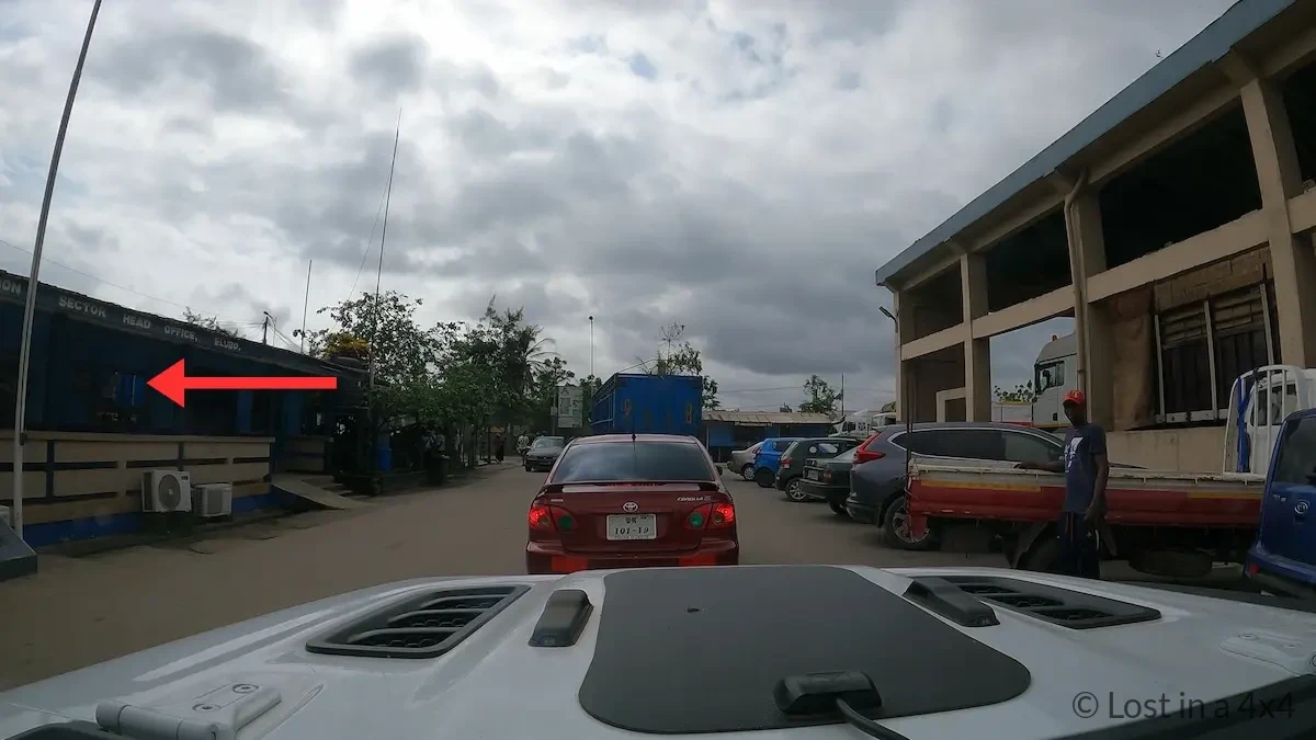 Ghana customs office at the Noé–Elubo border crossing where Carnet de Passage and vehicle import documents are processed.