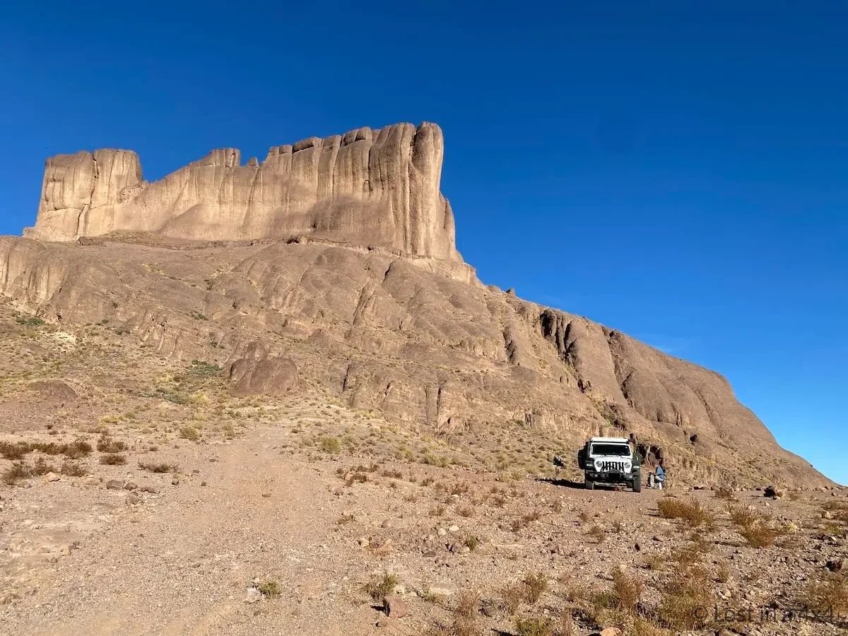 Massive rock formation towering above our wild camping spot near Pâte de l'Éléphant in Morocco.