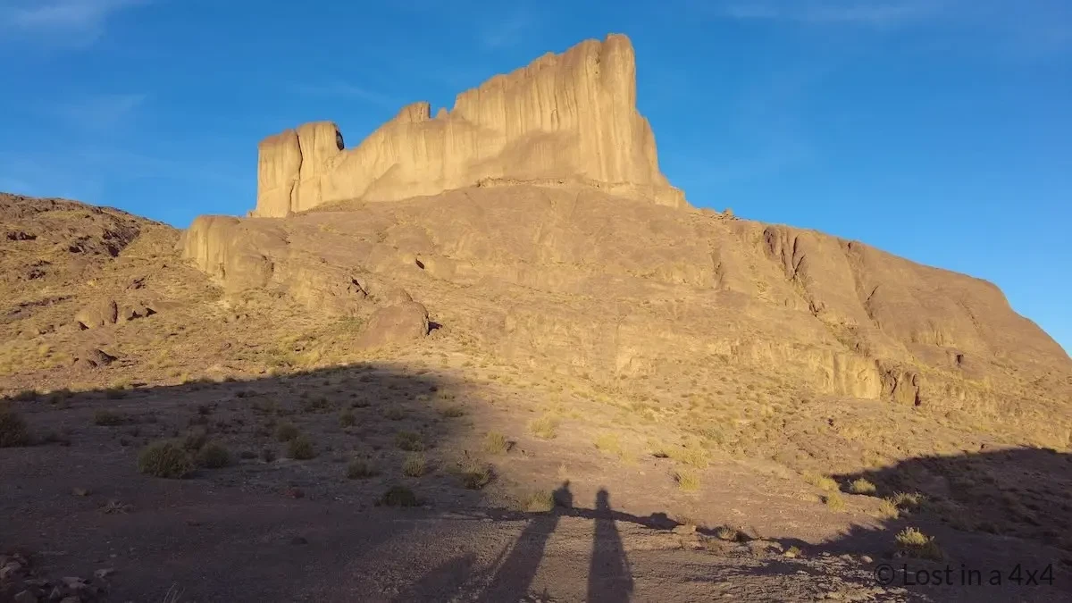 Massive rock formation towering above our wild camping spot near Pâte de l'Éléphant in Morocco.