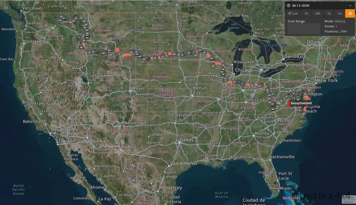 SPOT Trace GPS tracking map showing our Jeep Wrangler Rubicon overland journey across the USA from west to east.