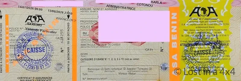 Carte Rose CIMA vehicle insurance voucher valid for Cameroon, Gabon and the Republic of the Congo, purchased in Cotonou, Benin.