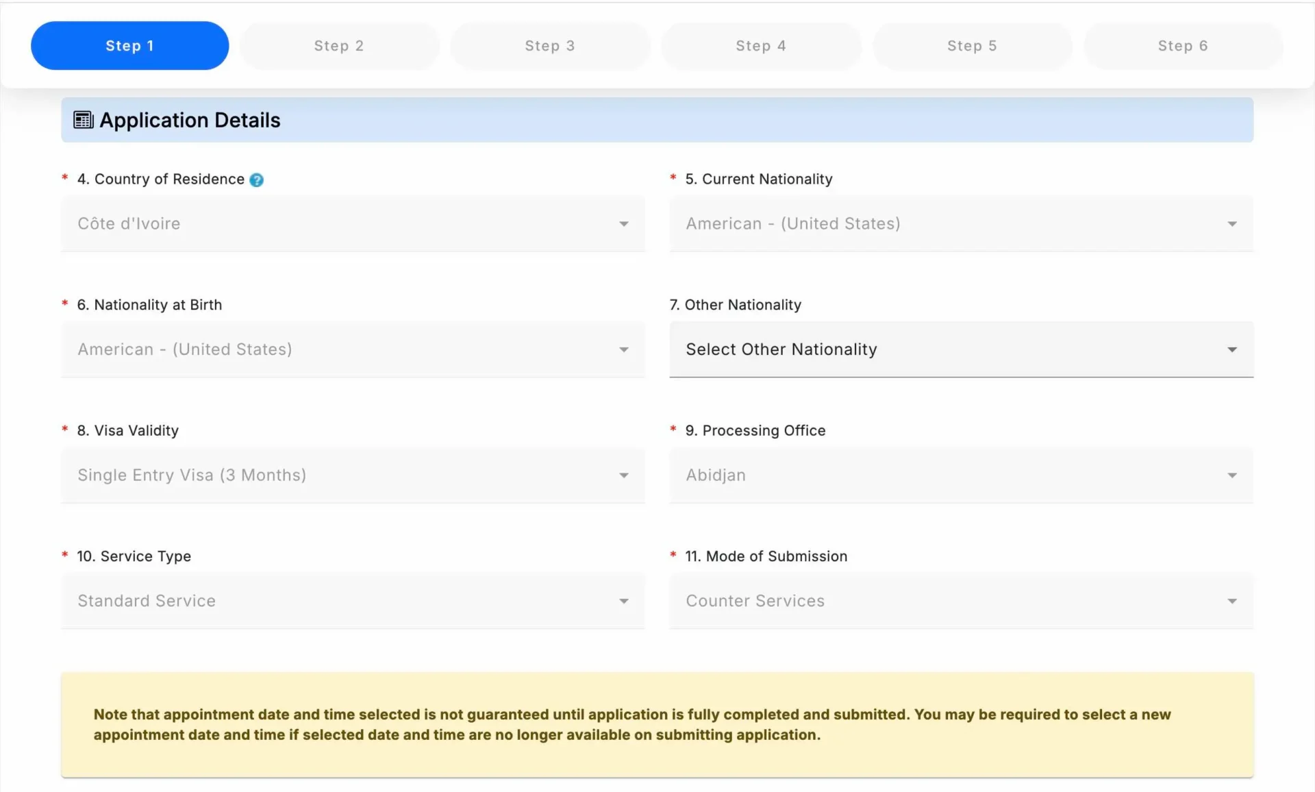 Online Ghana visa application form application details section