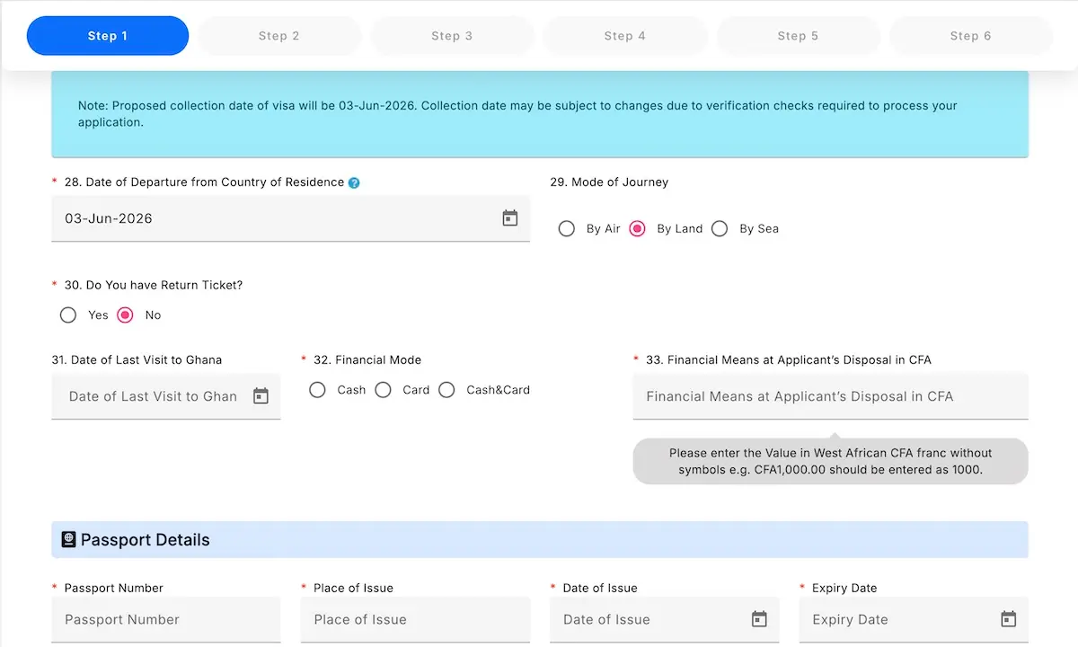Passport details section of the Ghana visa application form
