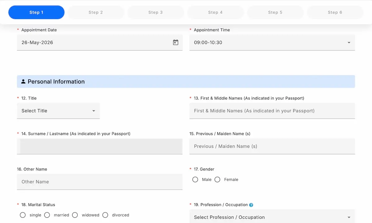 Personal information section of the Ghana visa application form