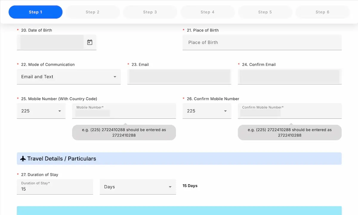 Travel details section of the online Ghana visa application