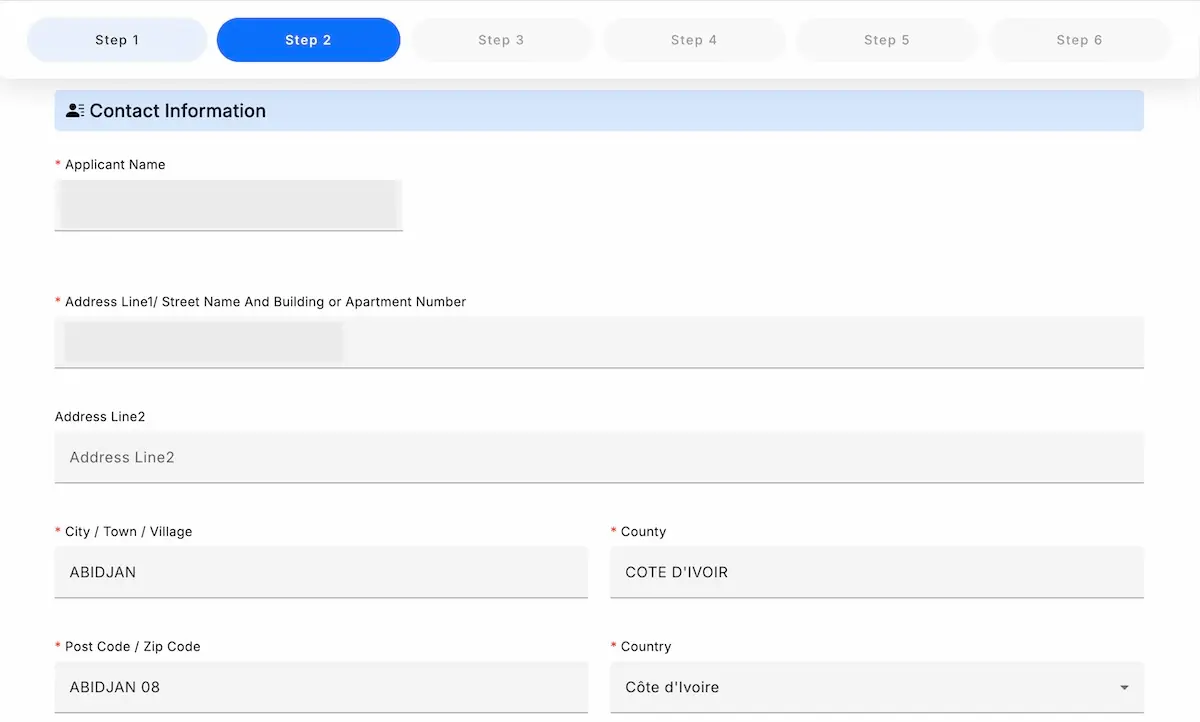 Contact information section of the online Ghana visa application