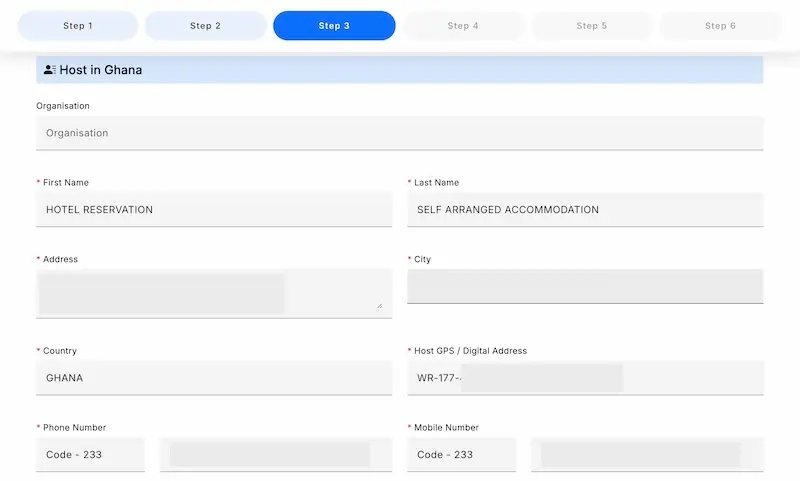 Host in Ghana section of the online Ghana visa application