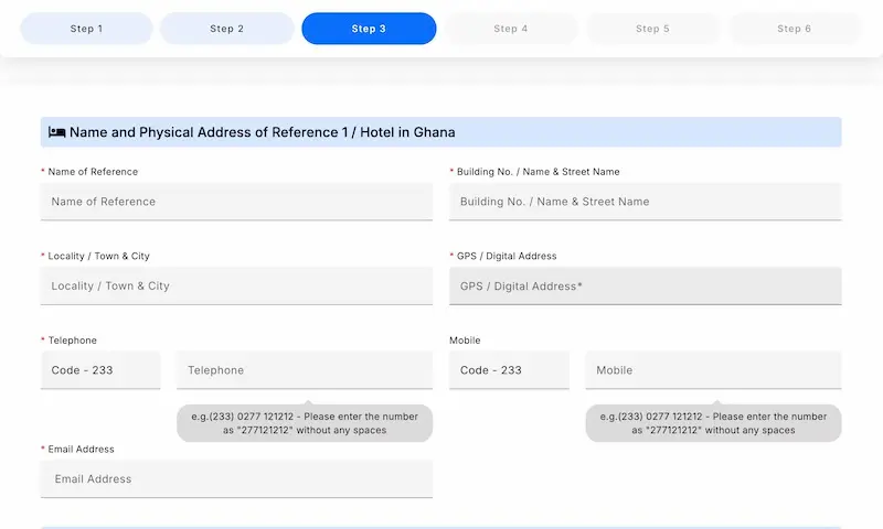 Reference or hotel information section of the Ghana visa application