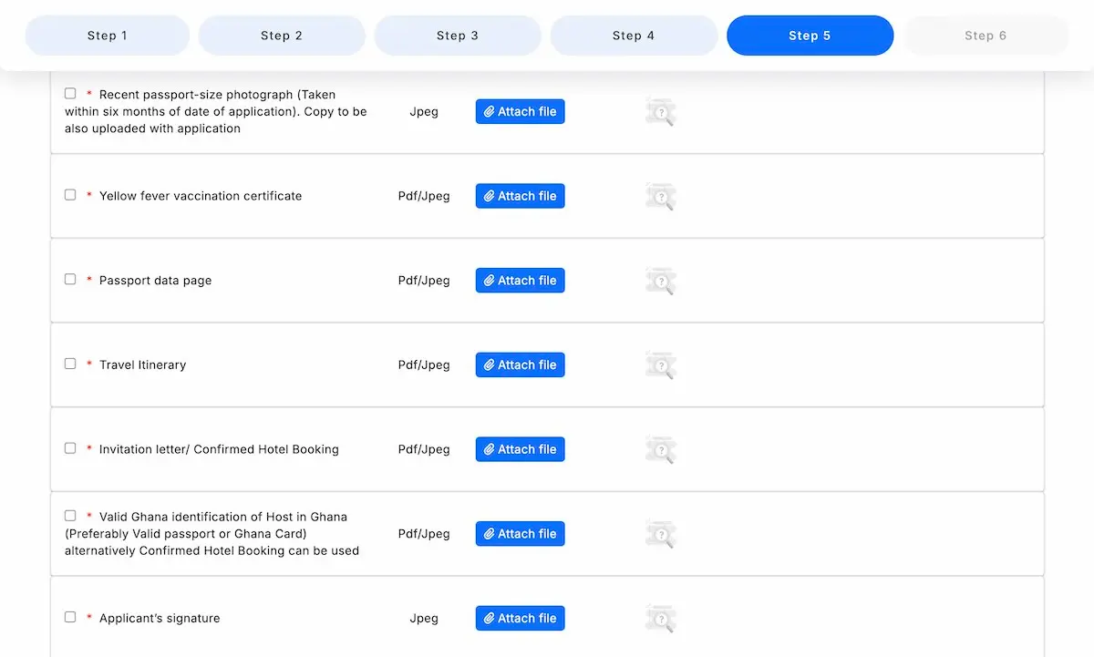 Supporting documents upload section of the Ghana visa application
