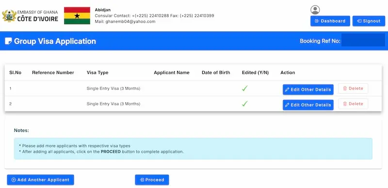 Group visa application dashboard for the online Ghana visa process
